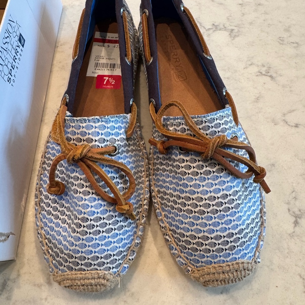 Sperry Blue and Tan Patterned Canvas Boat Shoes